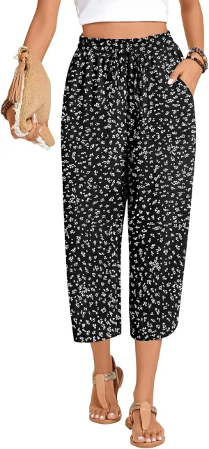 Anyhold Womens High Waist Wide Leg Capri Pants Adjustable Drawstring Loose Fit Summer Beach Pants Pockets