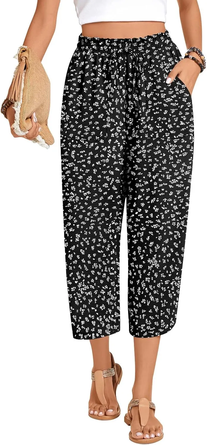 Anyhold Womens High Waist Wide Leg Capri Pants Adjustable Drawstring Loose Fit Summer Beach Pants Pockets