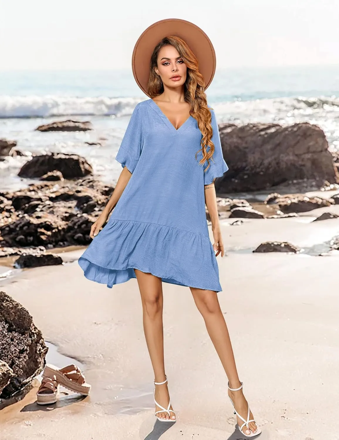 Aoulaydo Womens Swimsuit Coverups Sexy V Neck Bathing Suit Cover Ups Casual Loose Cover Up for Swimwear