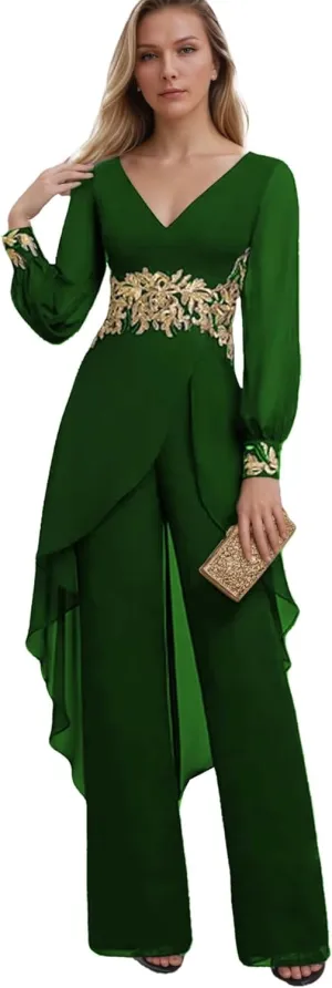 Applique Mother of The Bride Pant Suits V Neck Long Sleeve Grandmother of The Groom Jumpsuit