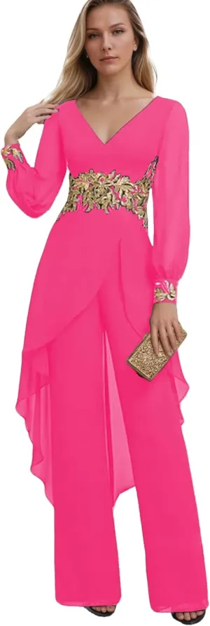 Applique Mother of The Bride Pant Suits V Neck Long Sleeve Grandmother of The Groom Jumpsuit