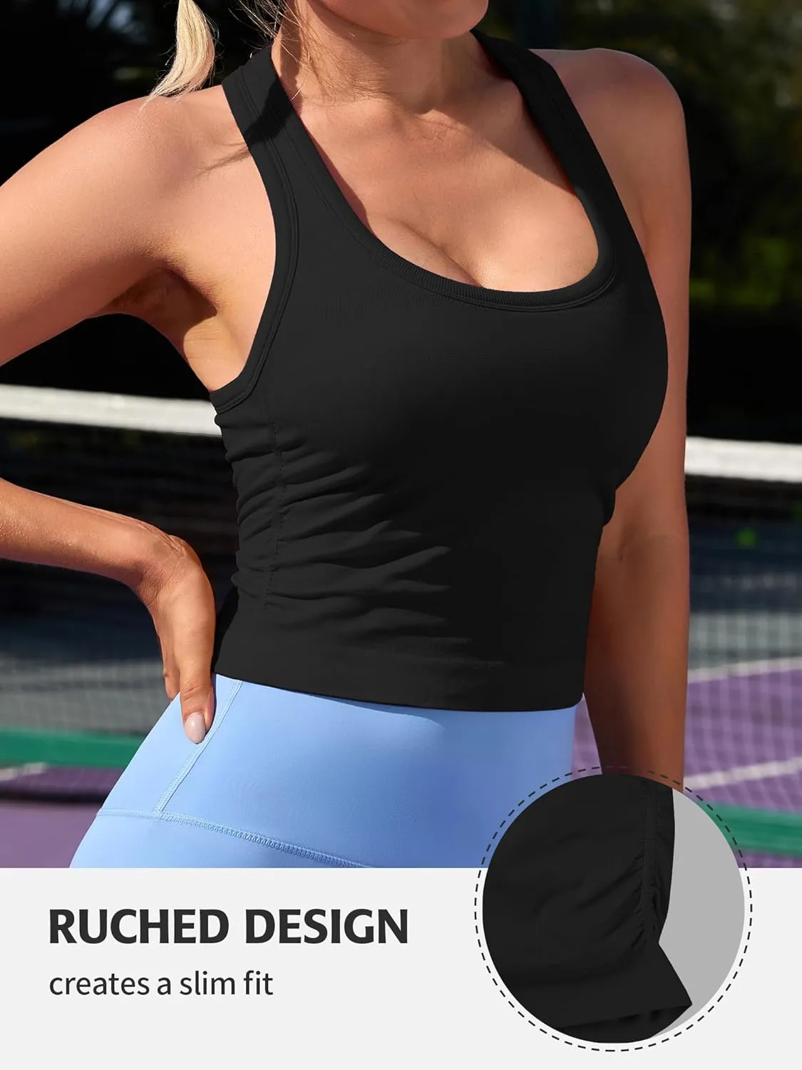 ATTRACO Cropped Workout Tops for Women Tight Side Ruched Tank Tops Built in Bra Athletic Yoga Gym Top