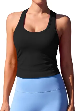 ATTRACO Cropped Workout Tops for Women Tight Side Ruched Tank Tops Built in Bra Athletic Yoga Gym Top