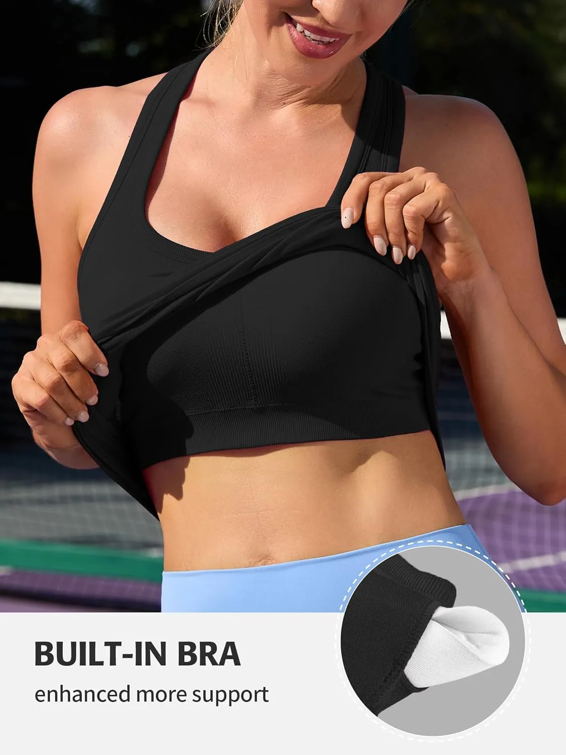 ATTRACO Cropped Workout Tops for Women Tight Side Ruched Tank Tops Built in Bra Athletic Yoga Gym Top
