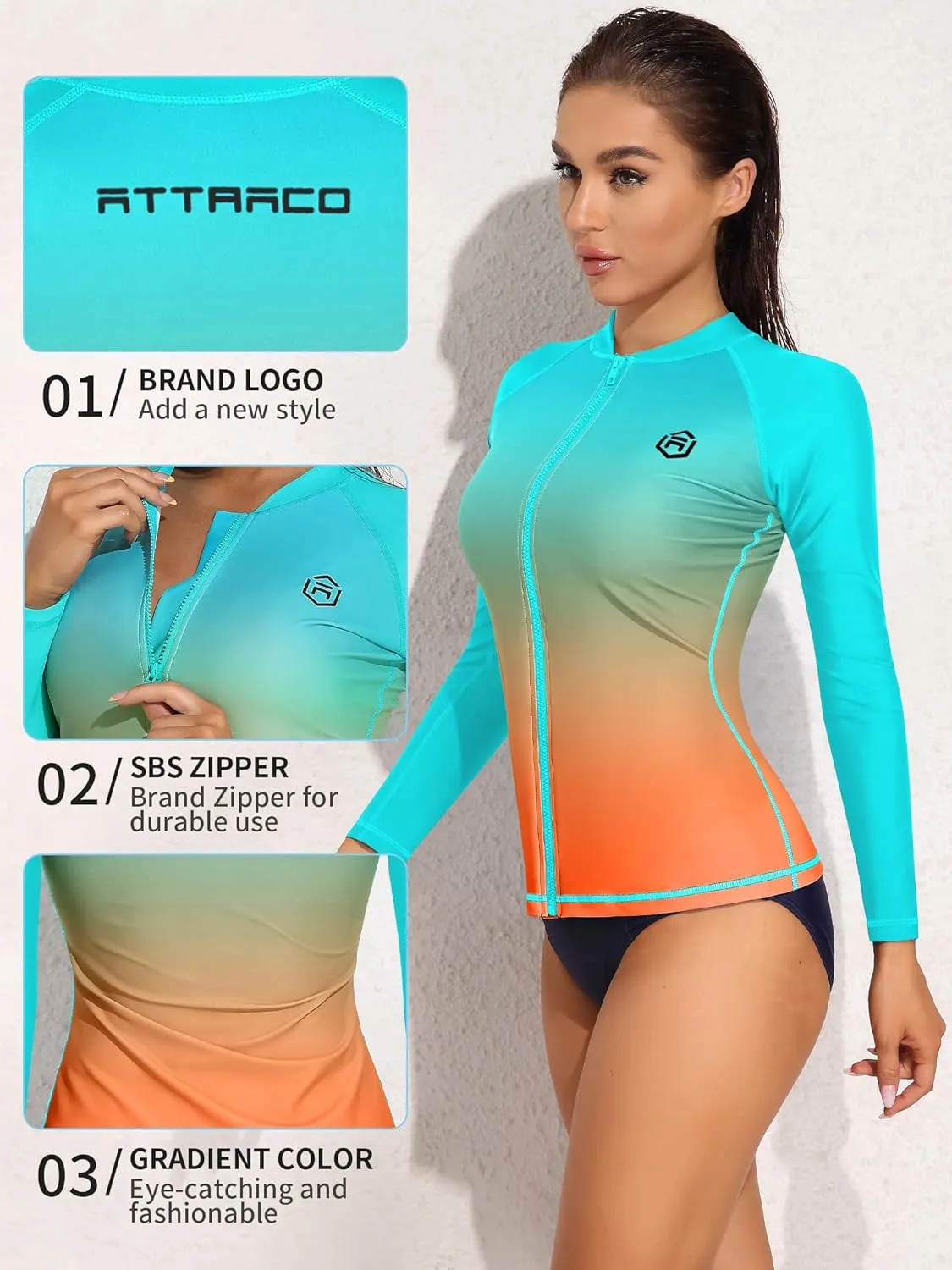 ATTRACO Women's Long Sleeve Rash Guard UV Sun Protection Zipper Gradient Swimsuit Top