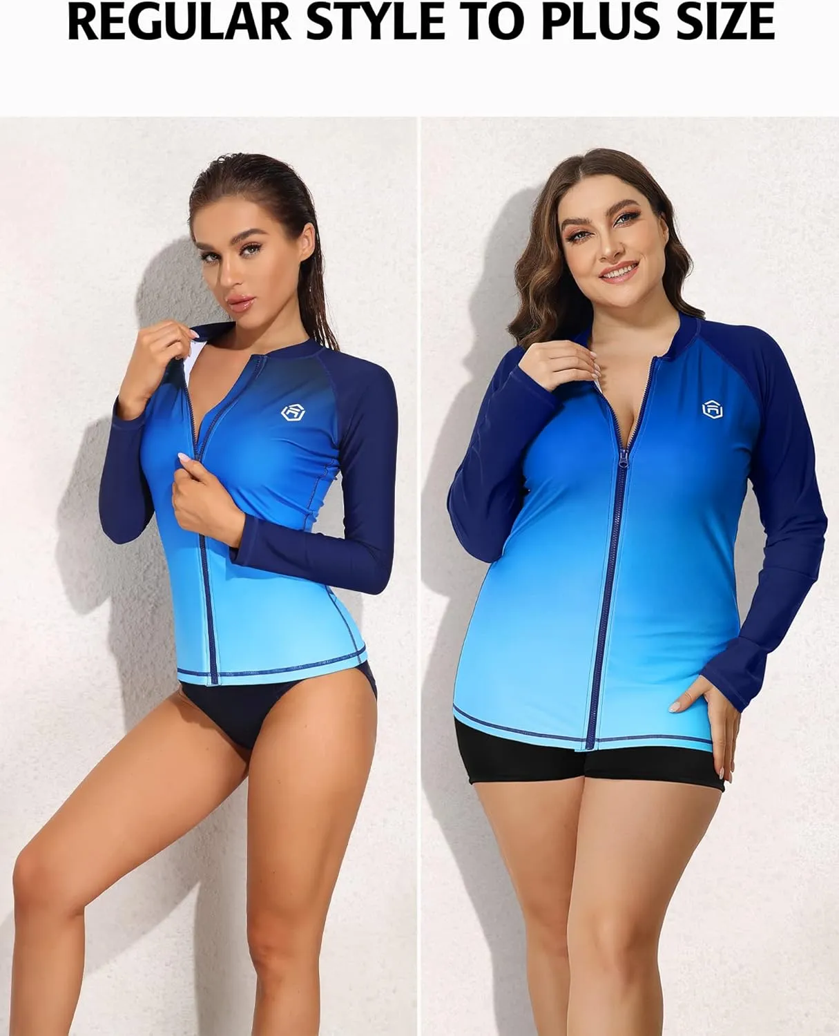 ATTRACO Women's Long Sleeve Rash Guard UV Sun Protection Zipper Gradient Swimsuit Top