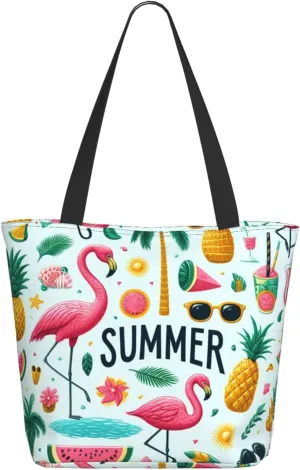 Augenstern Women Shoulder Bag Flamingo-Sunglasses-Pineapples-Palm Foldable Tote Bag With Zipper Closure Casual Shopping Purse Daily Bag