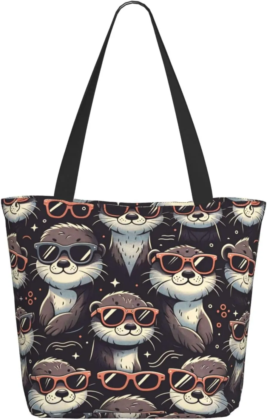Augenstern Women Shoulder Bag Funny-Otter-Sunglasses Foldable Tote Bag With Zipper Closure Casual Shopping Purse Daily Bag