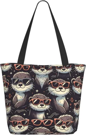 Augenstern Women Shoulder Bag Funny-Otter-Sunglasses Foldable Tote Bag With Zipper Closure Casual Shopping Purse Daily Bag