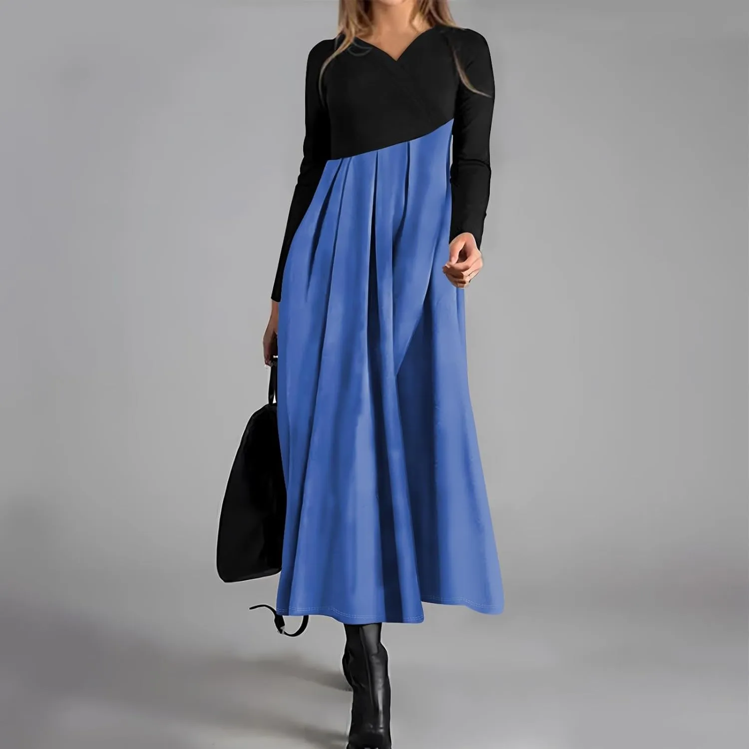 BAXLIMEK Long Sleeve Dresses for Women,2025 Spring Trendy V Neck Patchwork Maxi Dress Casual Loose Flowy Ruched Beach Dress