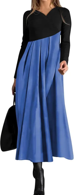 BAXLIMEK Long Sleeve Dresses for Women,2025 Spring Trendy V Neck Patchwork Maxi Dress Casual Loose Flowy Ruched Beach Dress