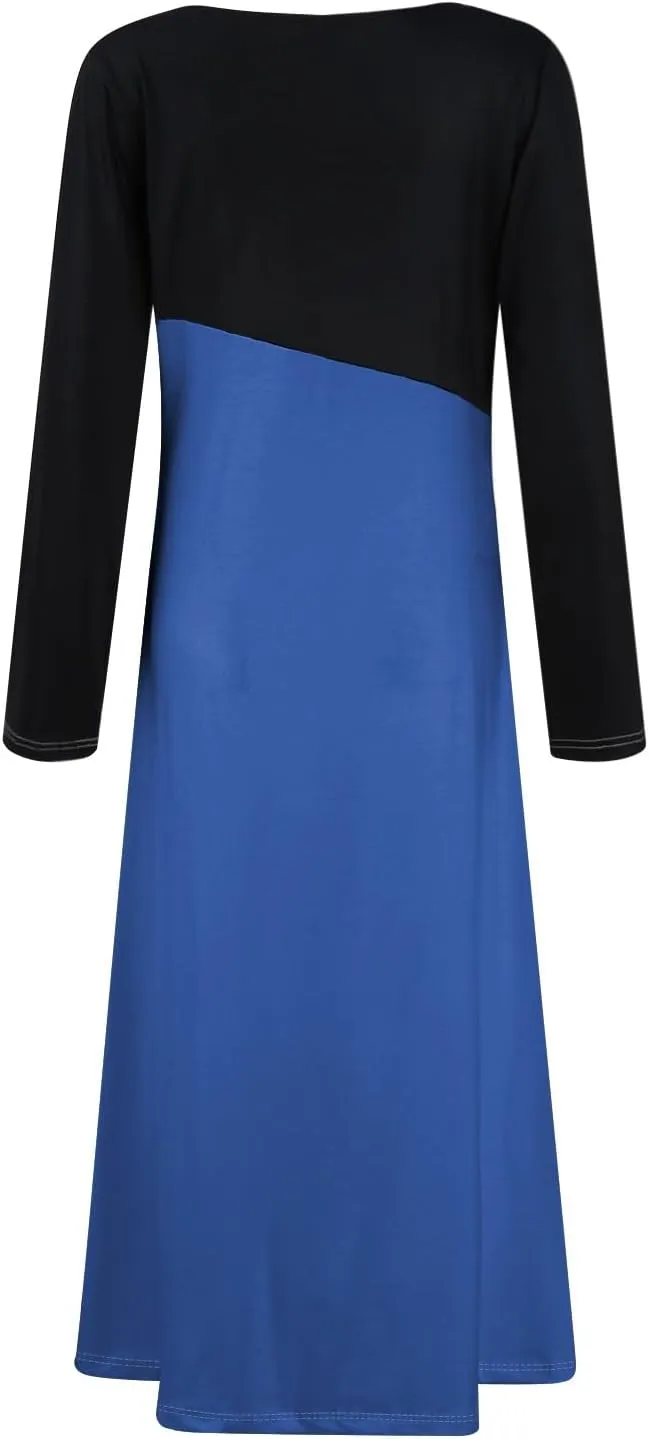 BAXLIMEK Long Sleeve Dresses for Women,2025 Spring Trendy V Neck Patchwork Maxi Dress Casual Loose Flowy Ruched Beach Dress