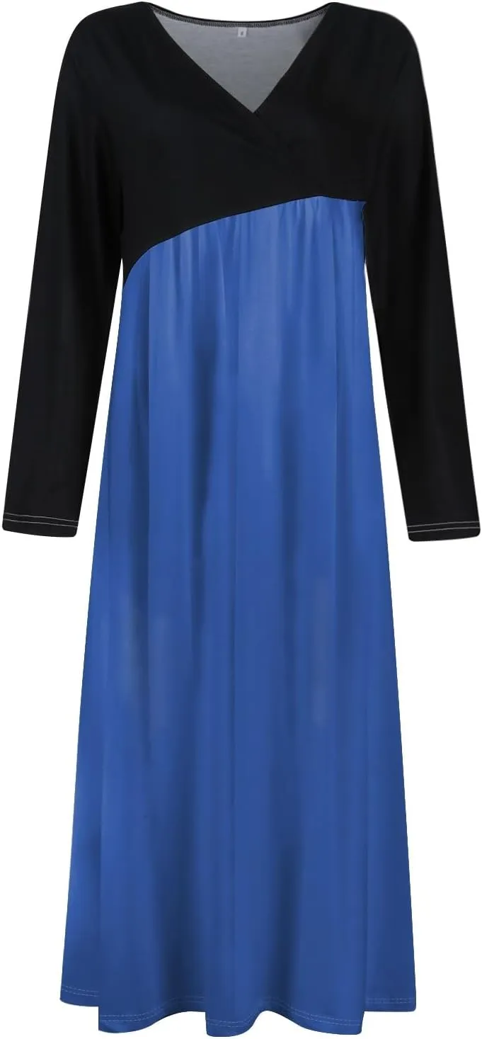 BAXLIMEK Long Sleeve Dresses for Women,2025 Spring Trendy V Neck Patchwork Maxi Dress Casual Loose Flowy Ruched Beach Dress