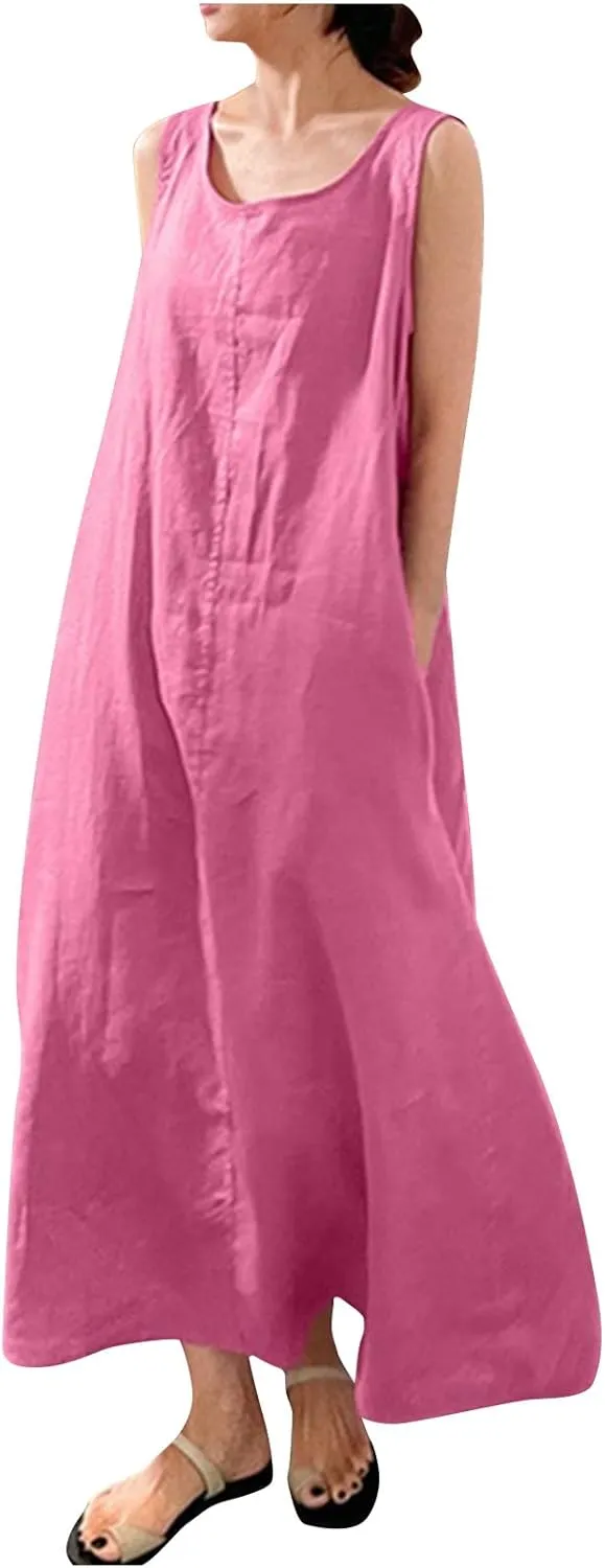 BAXLIMEK Maxi Dresses for Women,2023 Spring Summer Trendy Plain Cotton Linen Dress,Casual Boho Plus Size Beach Dress