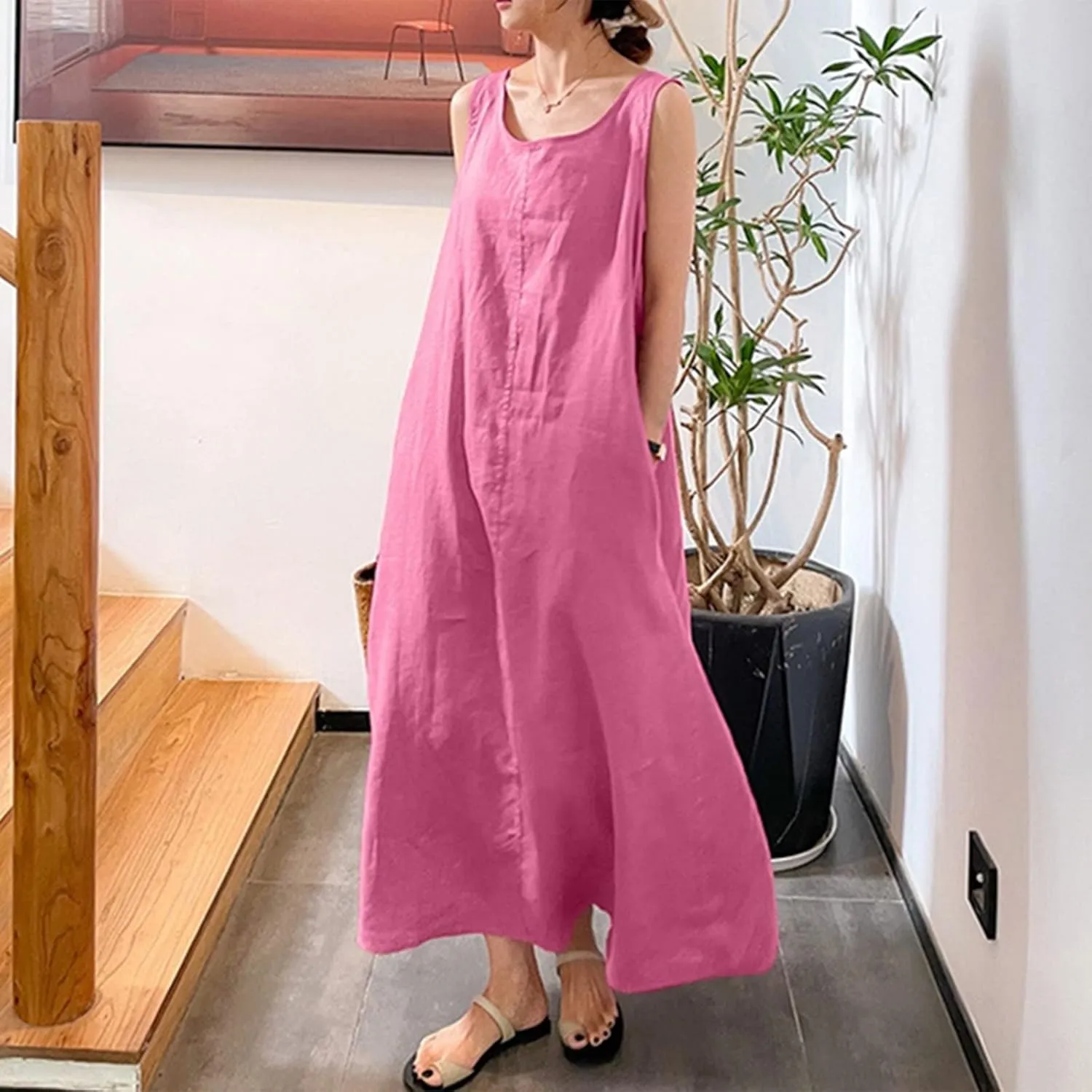 BAXLIMEK Maxi Dresses for Women,2023 Spring Summer Trendy Plain Cotton Linen Dress,Casual Boho Plus Size Beach Dress