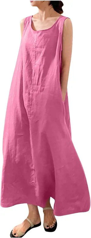 BAXLIMEK Maxi Dresses for Women,2023 Spring Summer Trendy Plain Cotton Linen Dress,Casual Boho Plus Size Beach Dress