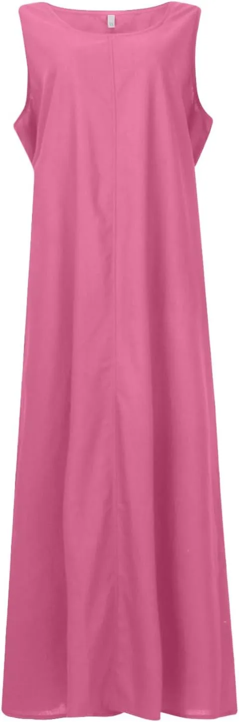 BAXLIMEK Maxi Dresses for Women,2023 Spring Summer Trendy Plain Cotton Linen Dress,Casual Boho Plus Size Beach Dress