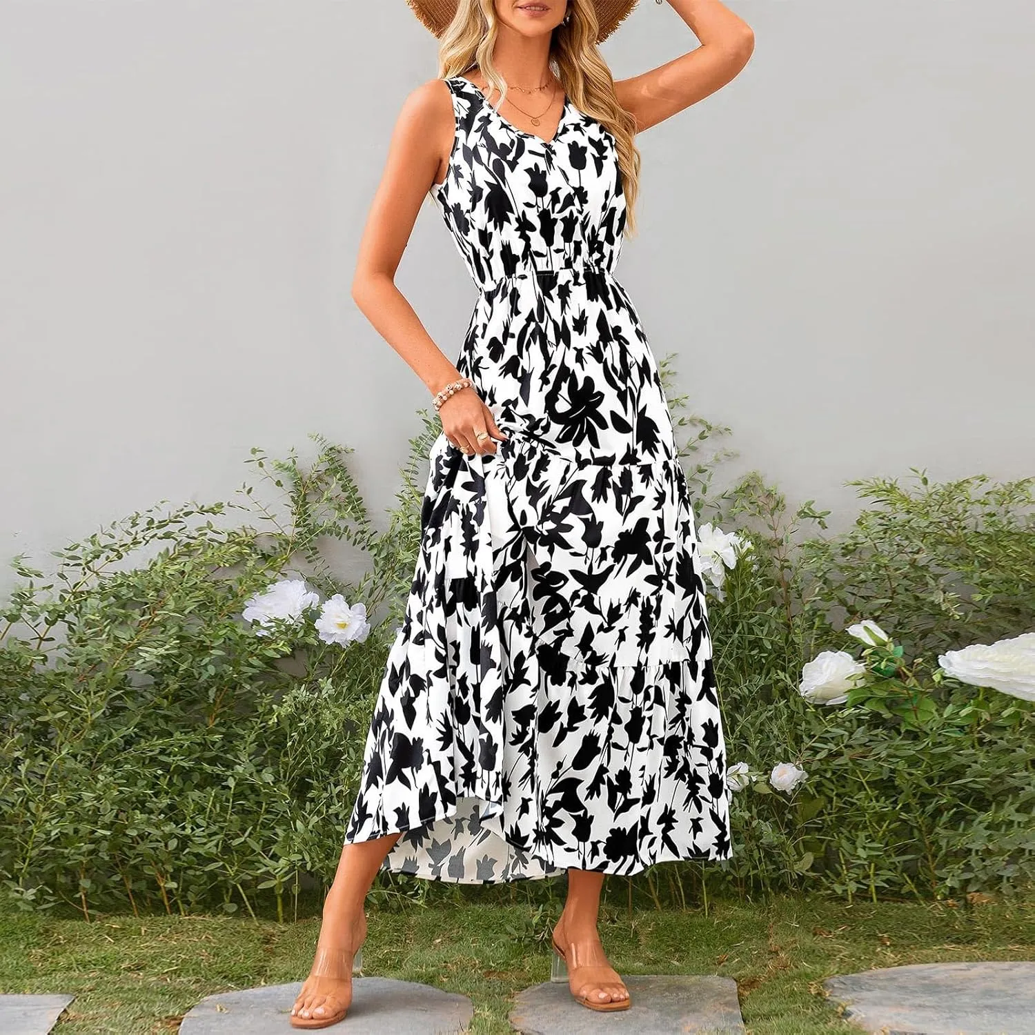 BAXLIMEK Maxi Dresses for Women,2025 Spring Summer Trendy Floral Print V Neck Sleeveless Boho Dress,Flowy Ruched Sundress