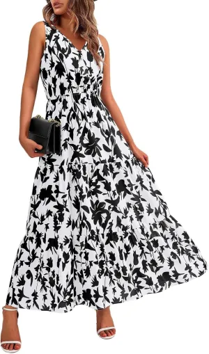 BAXLIMEK Maxi Dresses for Women,2025 Spring Summer Trendy Floral Print V Neck Sleeveless Boho Dress,Flowy Ruched Sundress