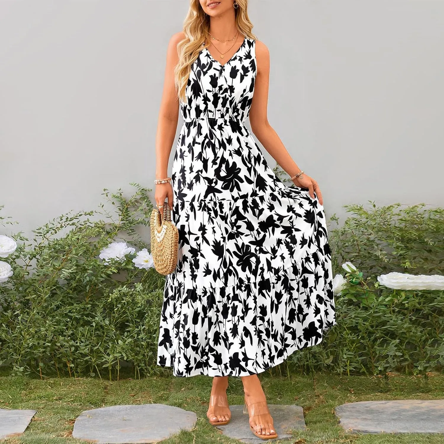 BAXLIMEK Maxi Dresses for Women,2025 Spring Summer Trendy Floral Print V Neck Sleeveless Boho Dress,Flowy Ruched Sundress