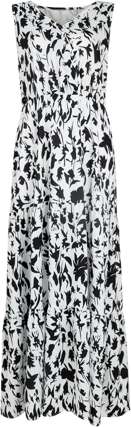 BAXLIMEK Maxi Dresses for Women,2025 Spring Summer Trendy Floral Print V Neck Sleeveless Boho Dress,Flowy Ruched Sundress