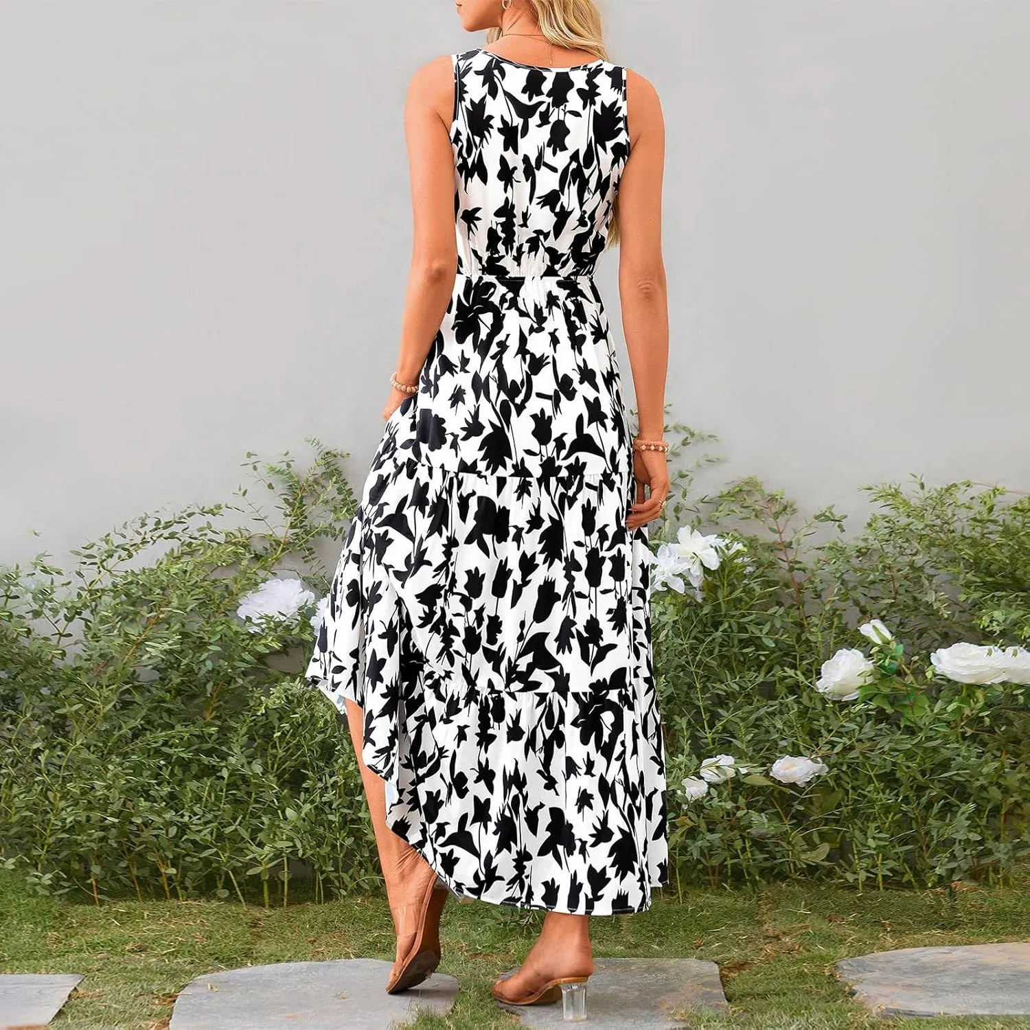 BAXLIMEK Maxi Dresses for Women,2025 Spring Summer Trendy Floral Print V Neck Sleeveless Boho Dress,Flowy Ruched Sundress