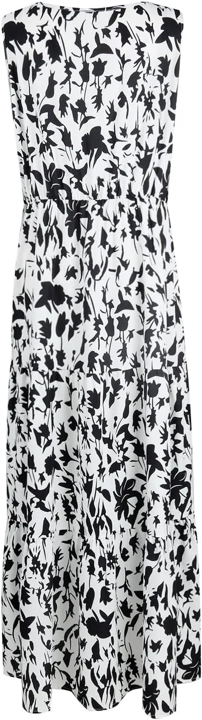 BAXLIMEK Maxi Dresses for Women,2025 Spring Summer Trendy Floral Print V Neck Sleeveless Boho Dress,Flowy Ruched Sundress