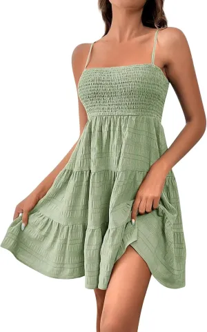 BAXLIMEK Mini Dresses for Women,2025 Spring Summer Smocked Square Neck Spaghetti Strap Sundress Flowy A Line Beach Dress