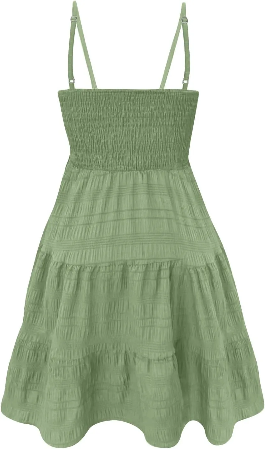 BAXLIMEK Mini Dresses for Women,2025 Spring Summer Smocked Square Neck Spaghetti Strap Sundress Flowy A Line Beach Dress