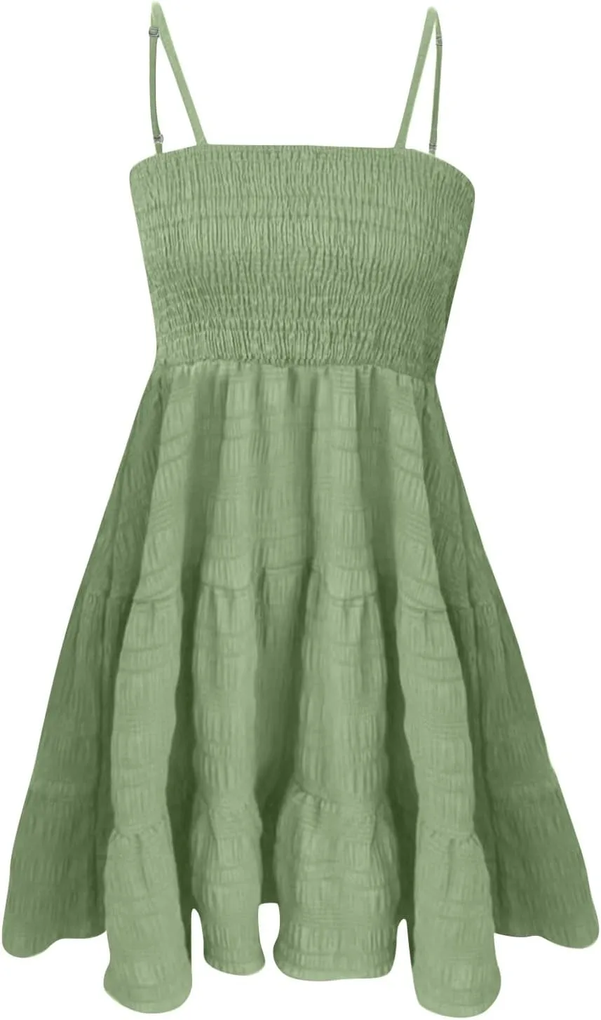 BAXLIMEK Mini Dresses for Women,2025 Spring Summer Smocked Square Neck Spaghetti Strap Sundress Flowy A Line Beach Dress