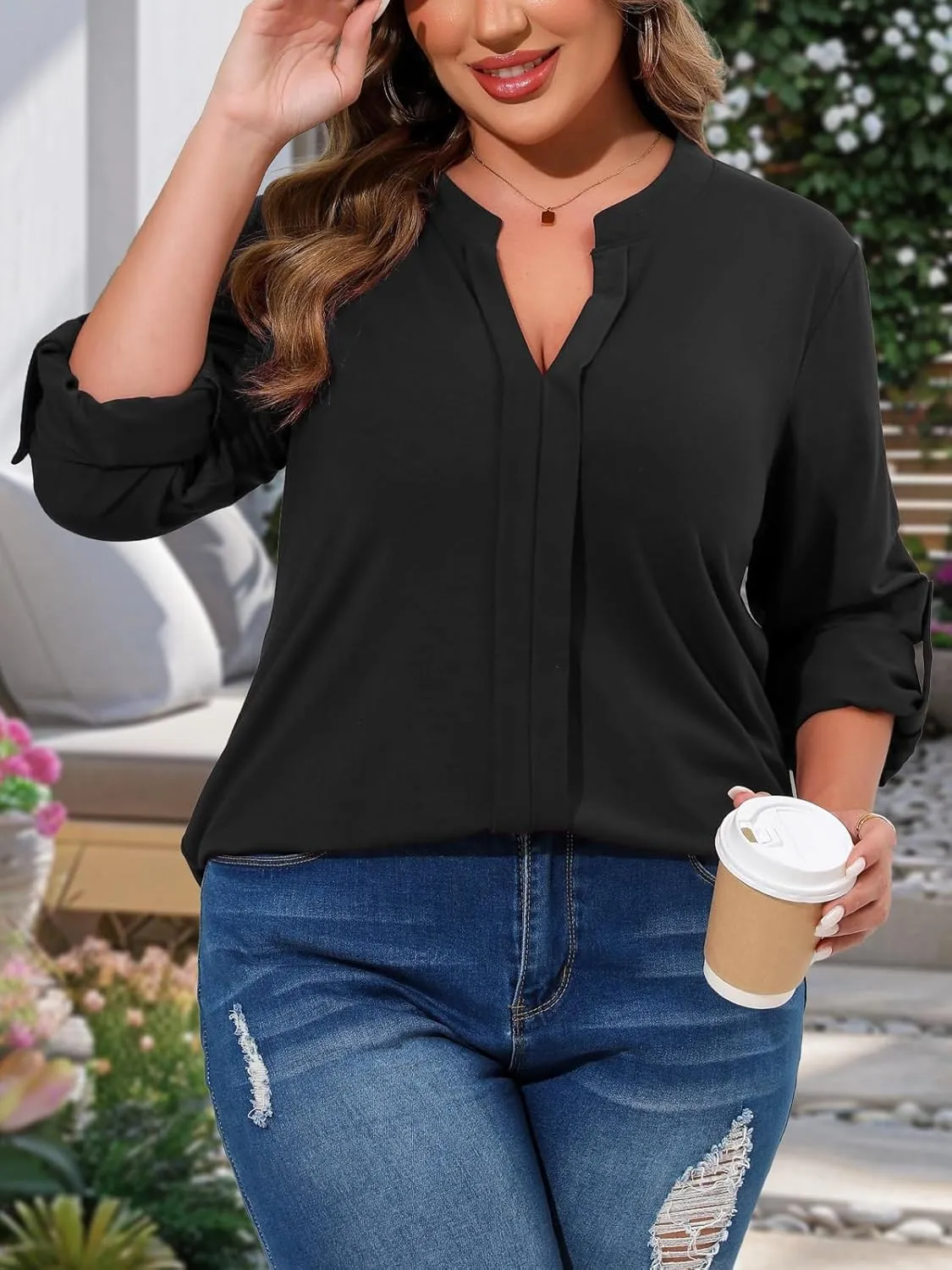 Beauhuty Womens Plus Size Tops Split V Neck Tunic Pleated Shirts Casual Trendy Flowy Dressy Blouses Roll up Sleeves