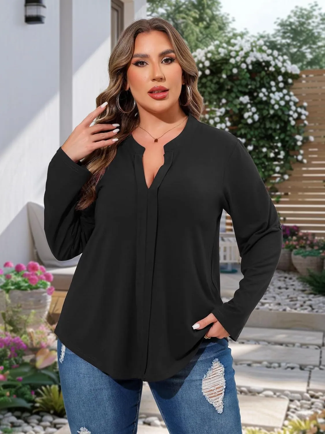 Beauhuty Womens Plus Size Tops Split V Neck Tunic Pleated Shirts Casual Trendy Flowy Dressy Blouses Roll up Sleeves