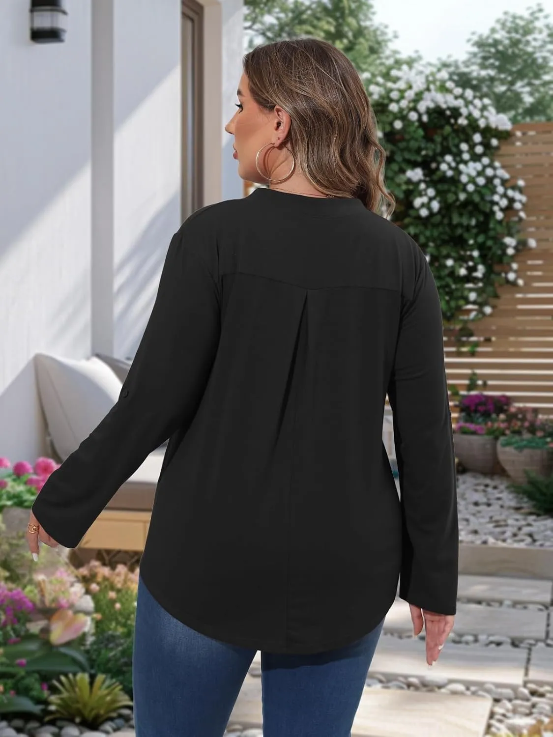 Beauhuty Womens Plus Size Tops Split V Neck Tunic Pleated Shirts Casual Trendy Flowy Dressy Blouses Roll up Sleeves
