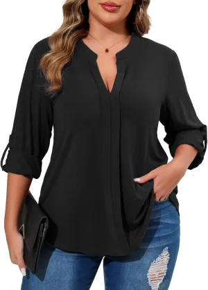 Beauhuty Womens Plus Size Tops Split V Neck Tunic Pleated Shirts Casual Trendy Flowy Dressy Blouses Roll up Sleeves