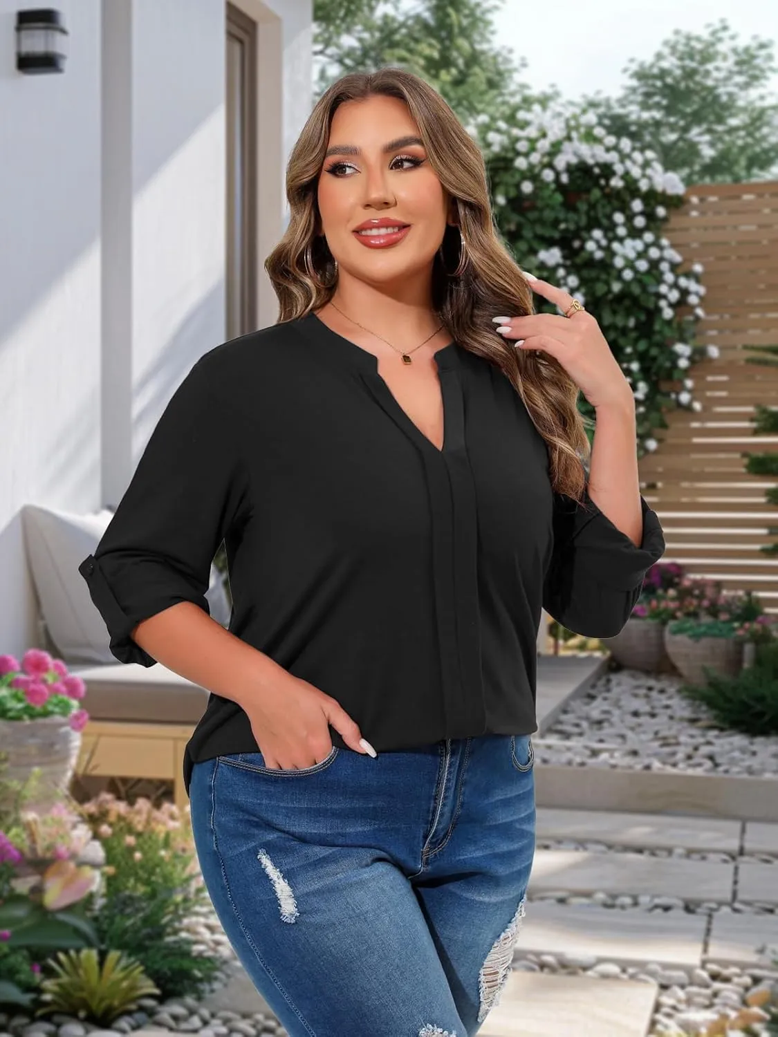 Beauhuty Womens Plus Size Tops Split V Neck Tunic Pleated Shirts Casual Trendy Flowy Dressy Blouses Roll up Sleeves
