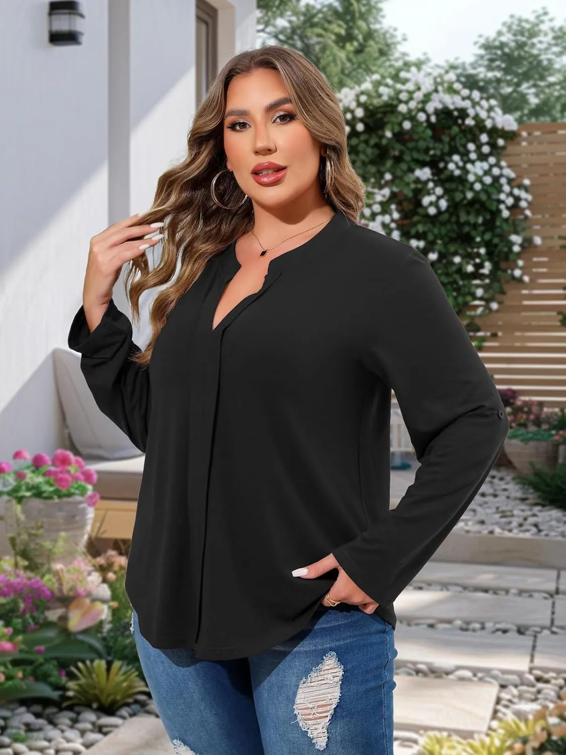 Beauhuty Womens Plus Size Tops Split V Neck Tunic Pleated Shirts Casual Trendy Flowy Dressy Blouses Roll up Sleeves