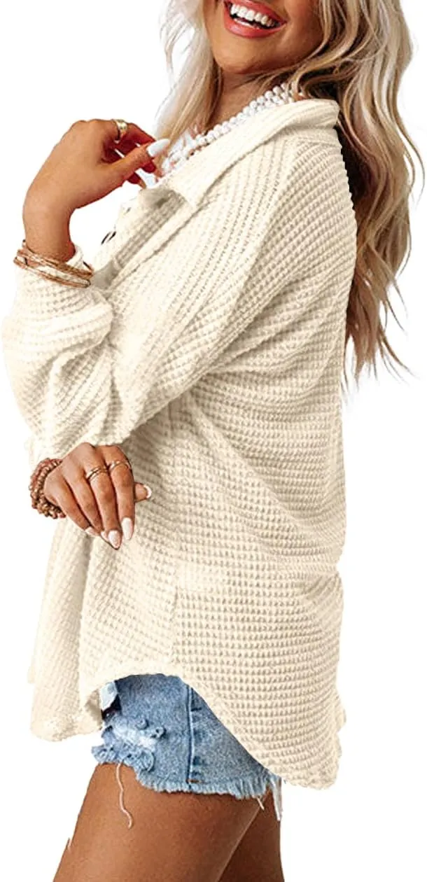 Beaully Womens Waffle Knit Long Sleeve Button Down Shirts Casual Lightweight Shacket Dressy Blouses Tops