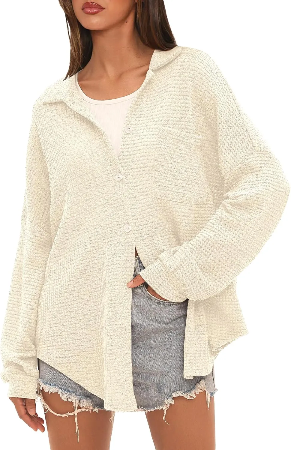 Beaully Womens Waffle Knit Long Sleeve Button Down Shirts Casual Lightweight Shacket Dressy Blouses Tops