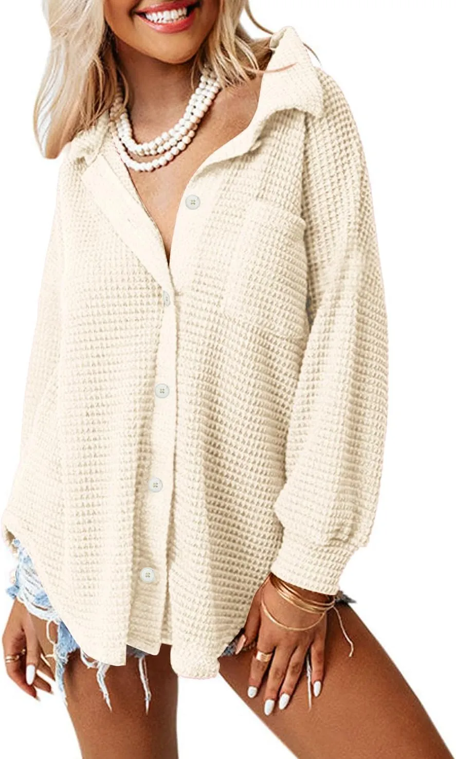 Beaully Womens Waffle Knit Long Sleeve Button Down Shirts Casual Lightweight Shacket Dressy Blouses Tops