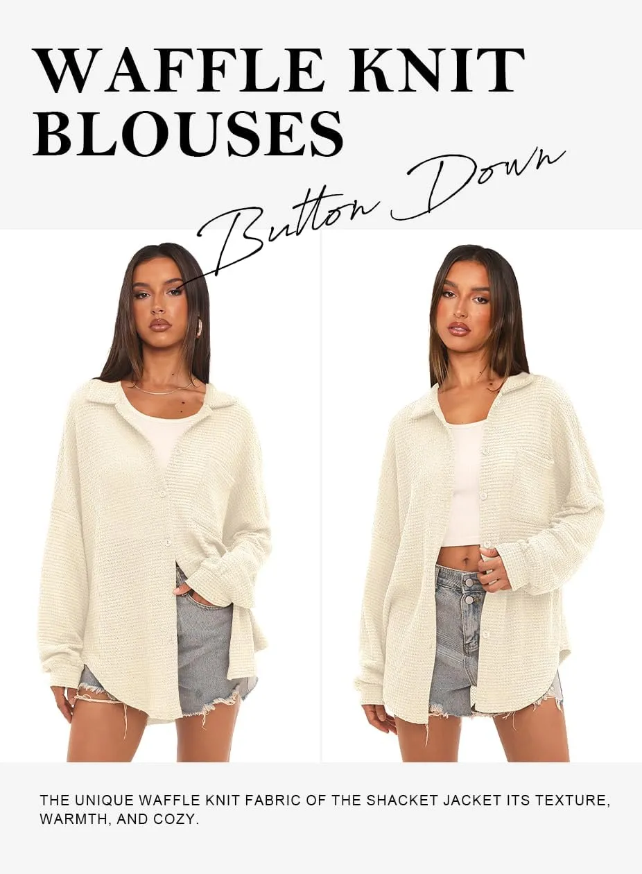 Beaully Womens Waffle Knit Long Sleeve Button Down Shirts Casual Lightweight Shacket Dressy Blouses Tops