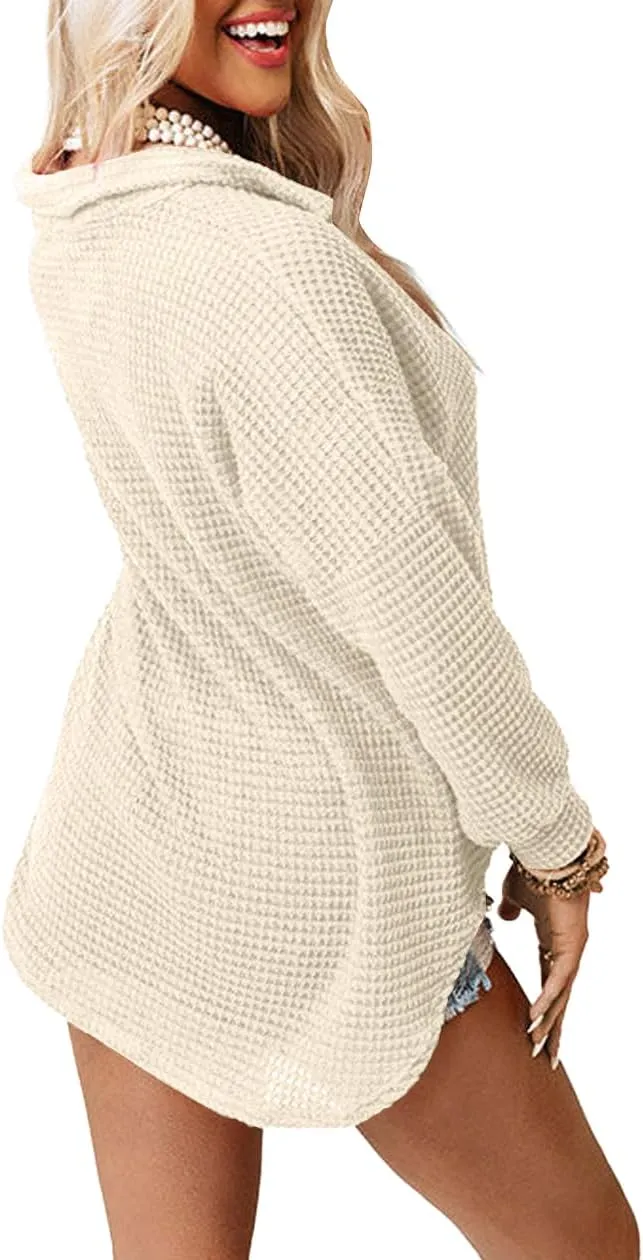 Beaully Womens Waffle Knit Long Sleeve Button Down Shirts Casual Lightweight Shacket Dressy Blouses Tops