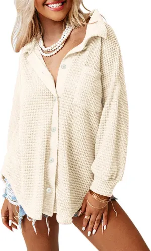 Beaully Womens Waffle Knit Long Sleeve Button Down Shirts Casual Lightweight Shacket Dressy Blouses Tops
