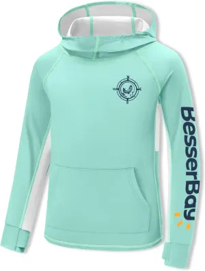 BesserBay Youth Boys UV Protection Ralgan Long Sleeve Fishing Shirt Thumb Holes Hooded Rash Guard with Pocket 6-16 Years