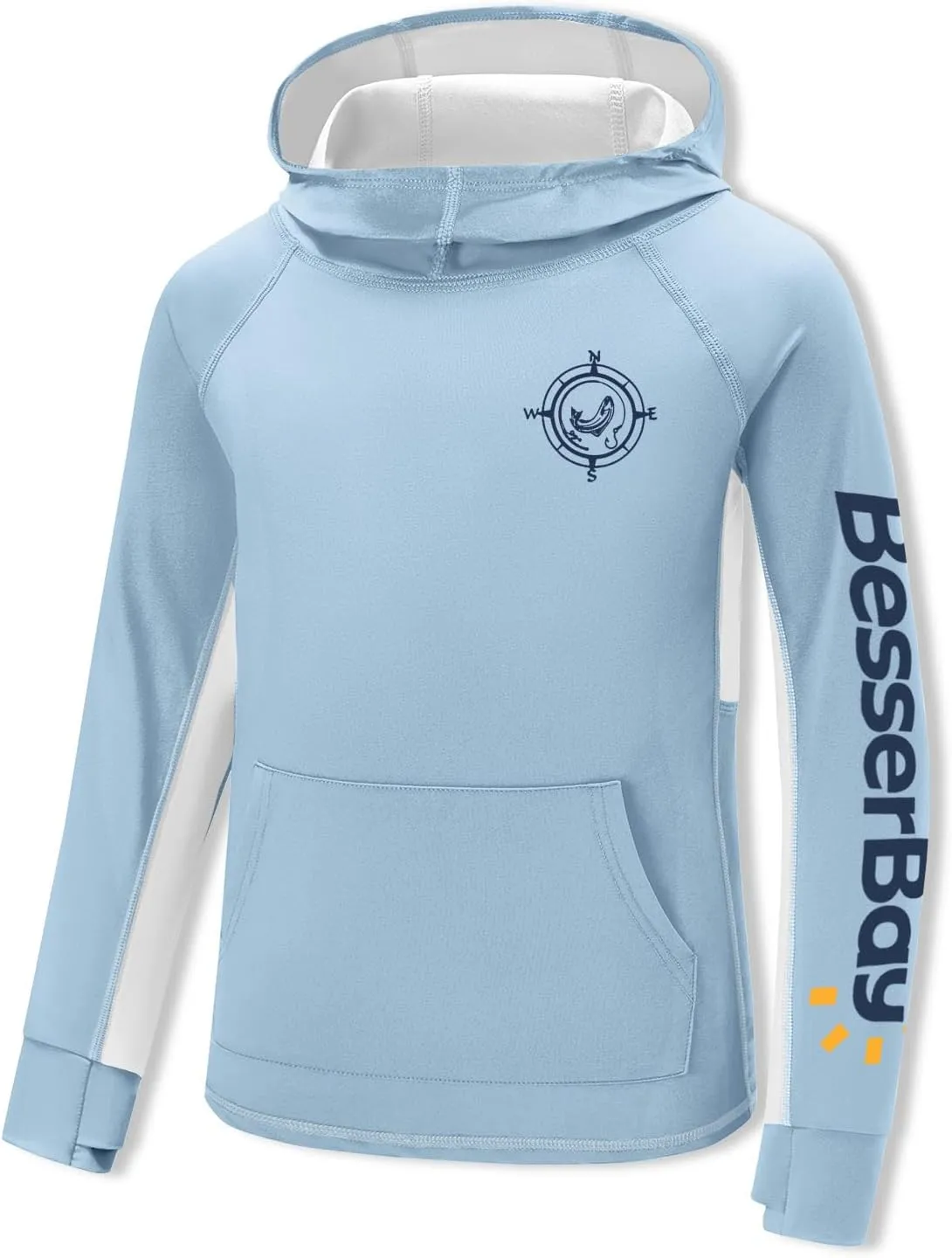 BesserBay Youth Boys UV Protection Ralgan Long Sleeve Fishing Shirt Thumb Holes Hooded Rash Guard with Pocket 6-16 Years