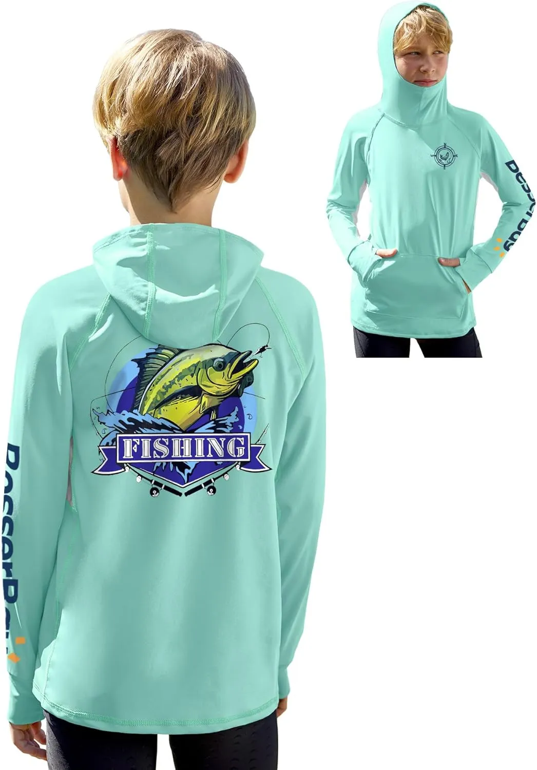 BesserBay Youth Boys UV Protection Ralgan Long Sleeve Fishing Shirt Thumb Holes Hooded Rash Guard with Pocket 6-16 Years