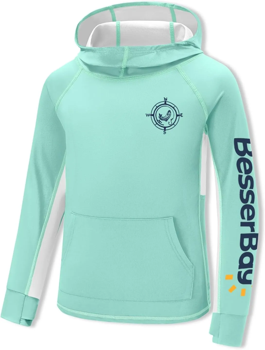 BesserBay Youth Boys UV Protection Ralgan Long Sleeve Fishing Shirt Thumb Holes Hooded Rash Guard with Pocket 6-16 Years