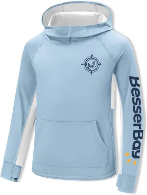 BesserBay Youth Boys UV Protection Ralgan Long Sleeve Fishing Shirt Thumb Holes Hooded Rash Guard with Pocket 6-16 Years