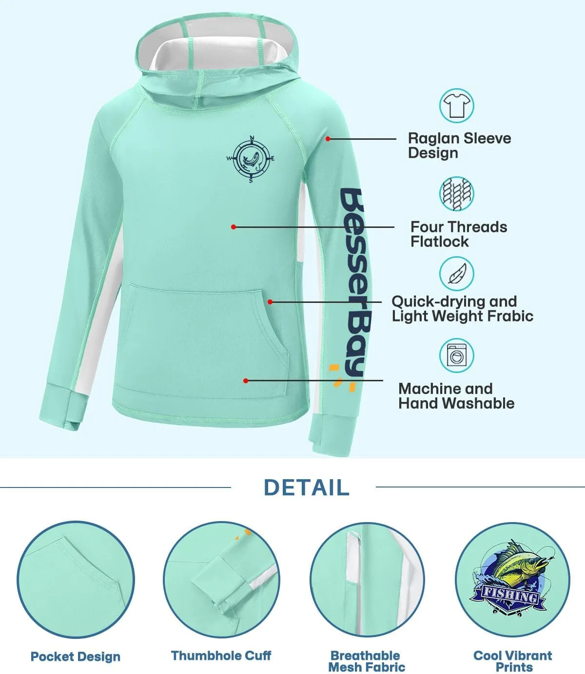 BesserBay Youth Boys UV Protection Ralgan Long Sleeve Fishing Shirt Thumb Holes Hooded Rash Guard with Pocket 6-16 Years
