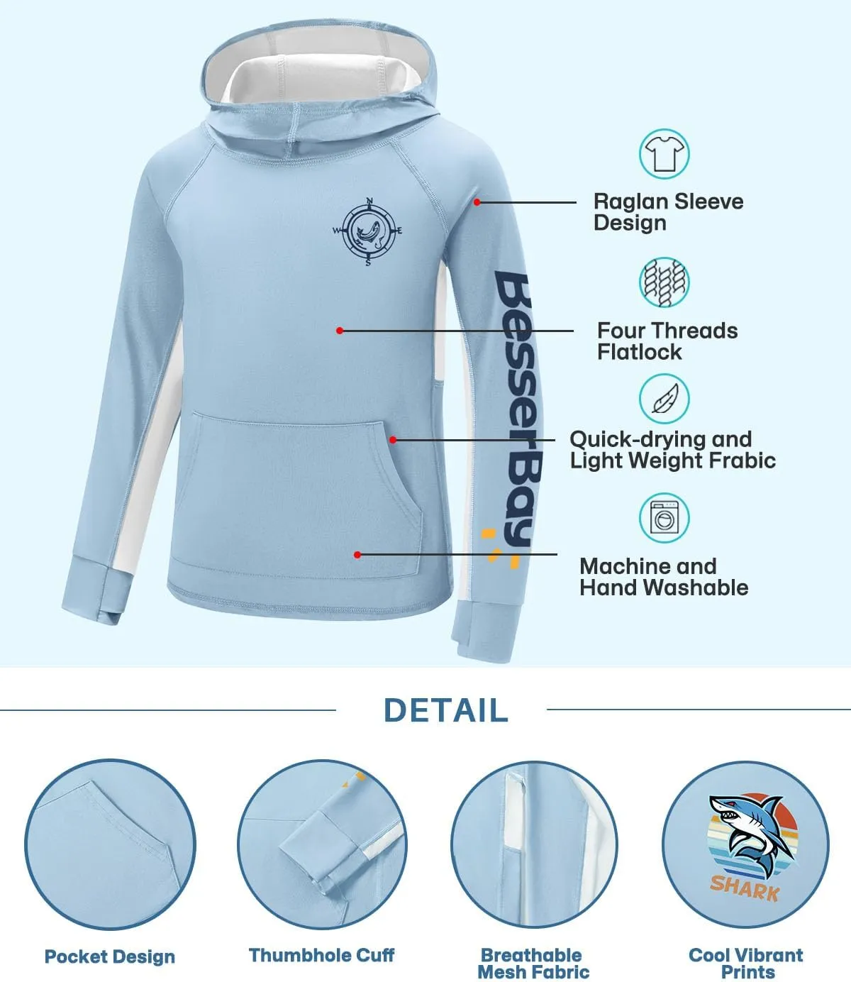 BesserBay Youth Boys UV Protection Ralgan Long Sleeve Fishing Shirt Thumb Holes Hooded Rash Guard with Pocket 6-16 Years