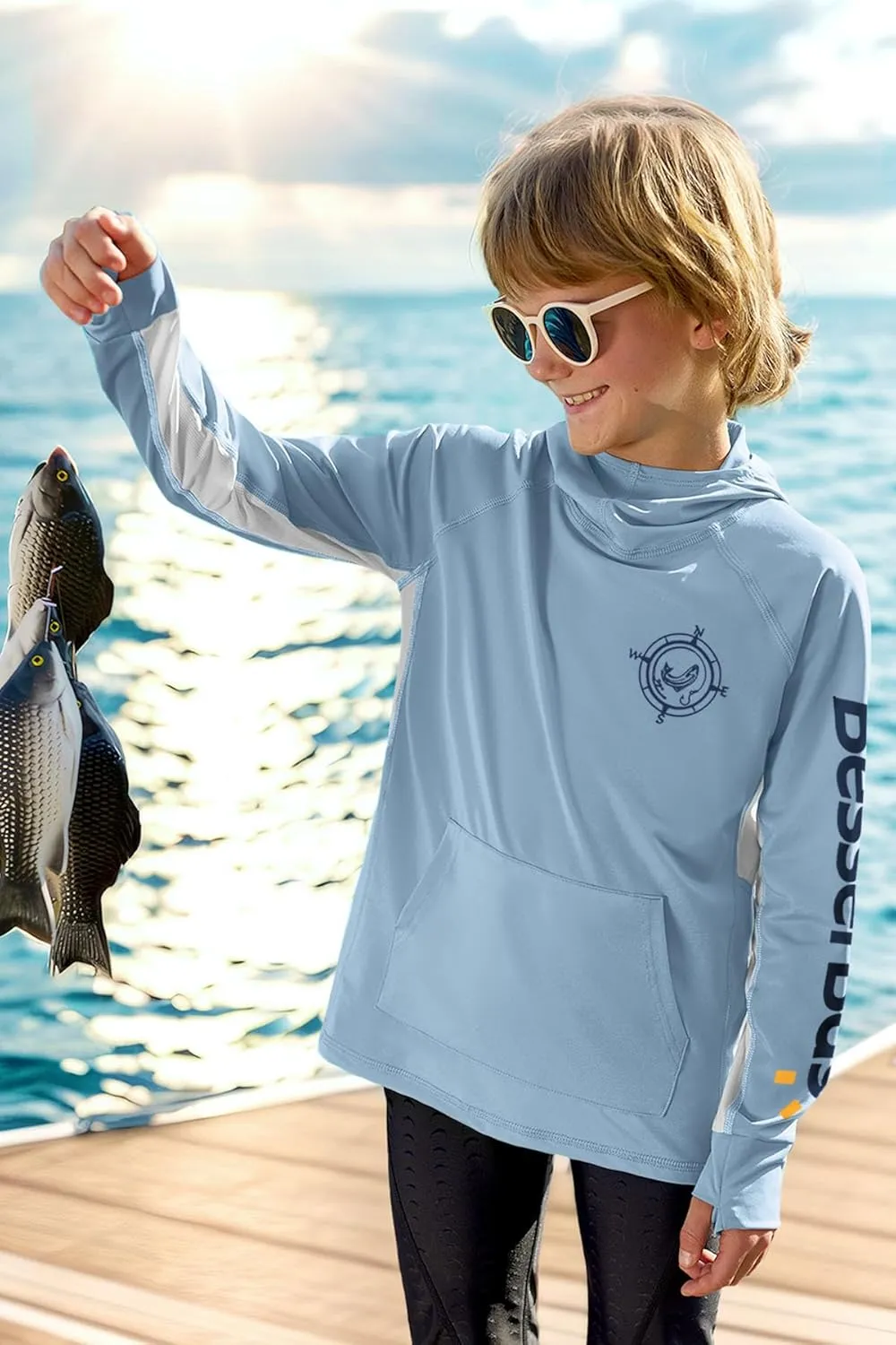 BesserBay Youth Boys UV Protection Ralgan Long Sleeve Fishing Shirt Thumb Holes Hooded Rash Guard with Pocket 6-16 Years